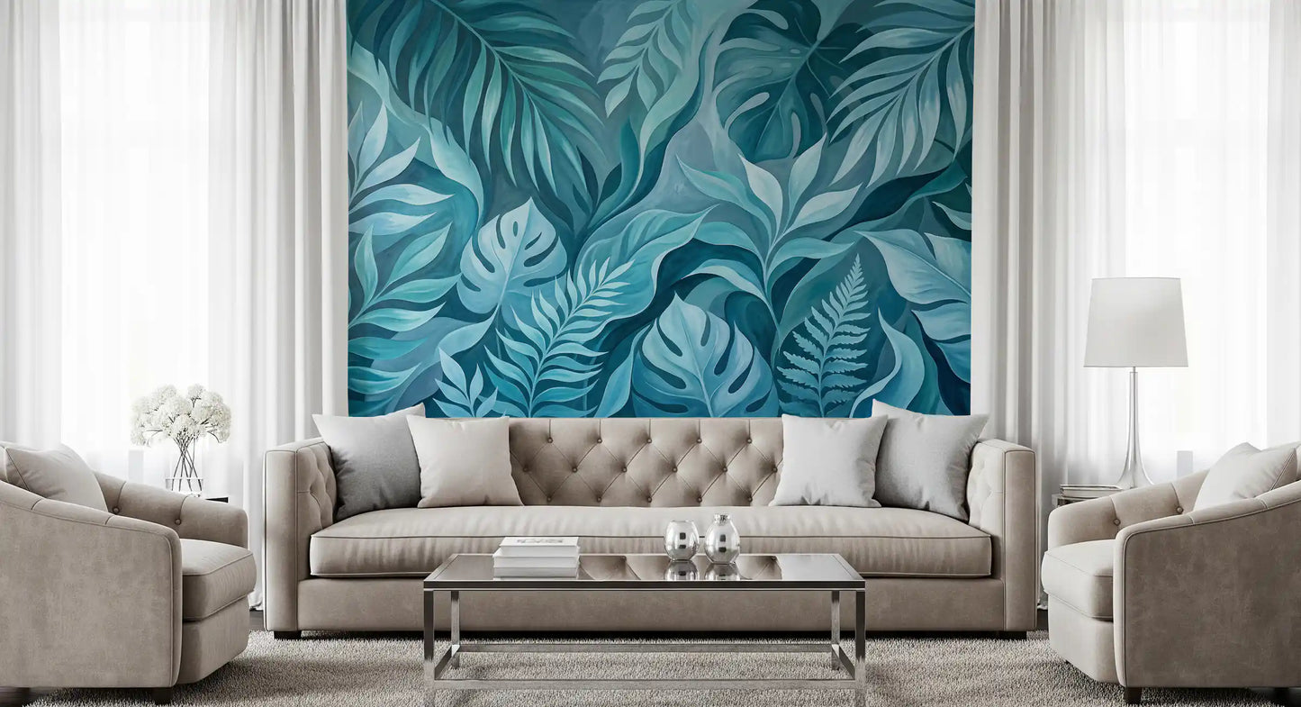 Layered palm and fern shapes calm a Living room with a teal tropical wall mural