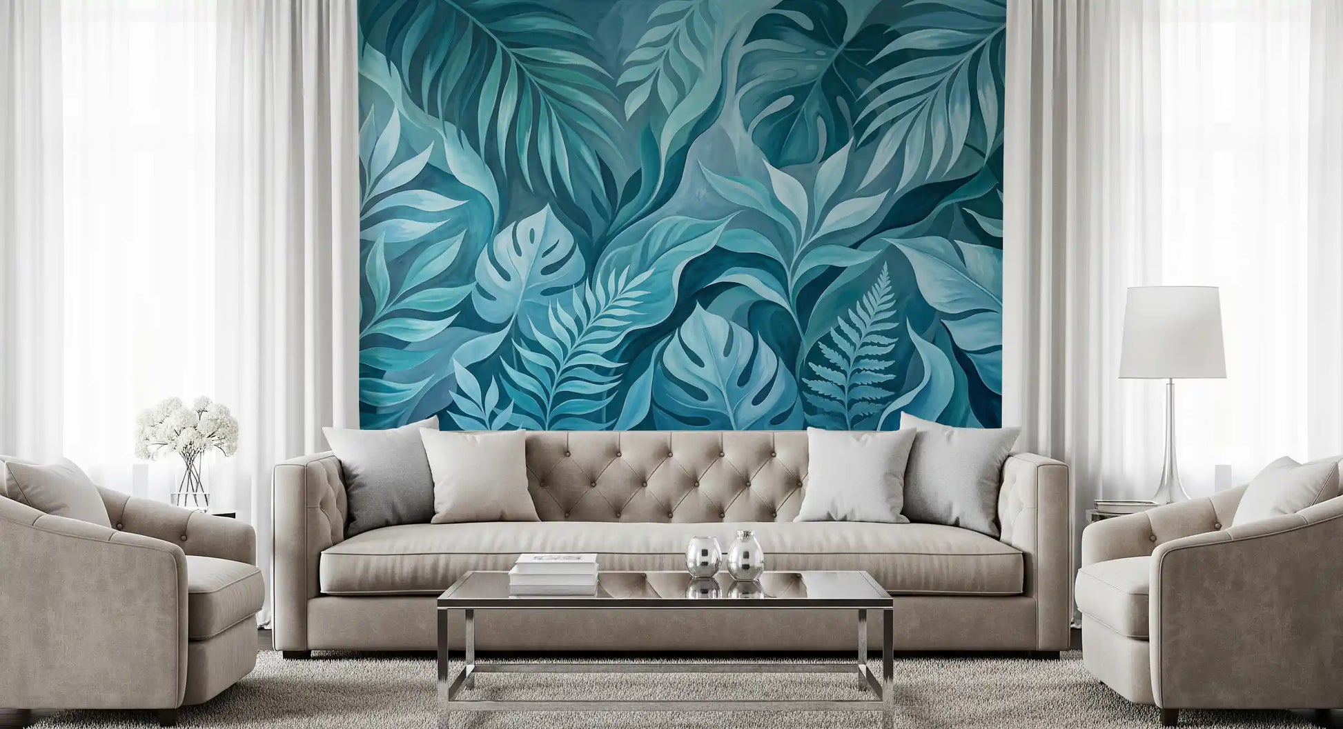 Layered palm and fern shapes calm a Living room with a teal tropical wall mural