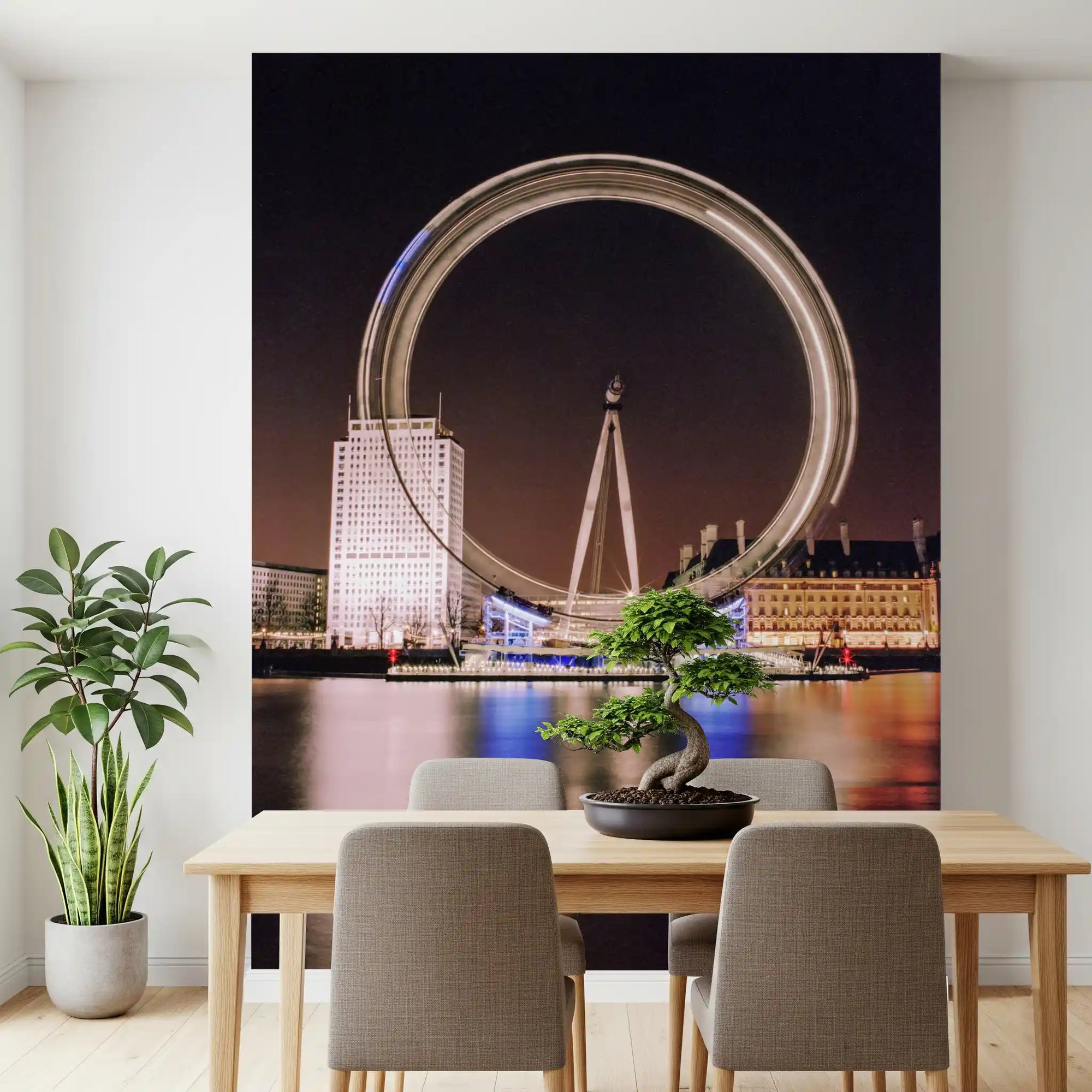 Night-lit London Eye scene anchors a dining room as a Timeless Night Spin wall mural