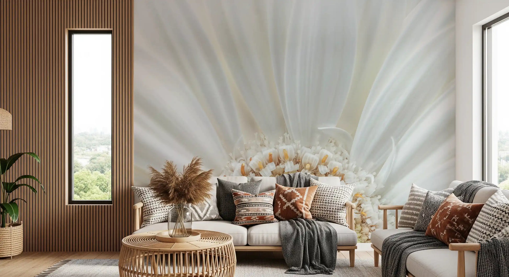 Cream and ivory lead, with gold warming the core of the Petal Radiance wall mural
