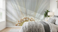 One oversized gerbera calms a bedroom in cream and gold, Petal Radiance wall mural