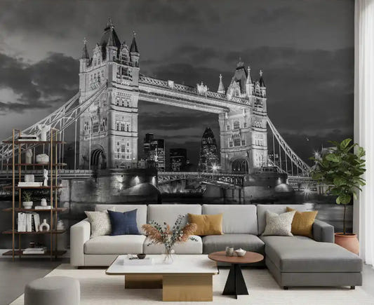 Tower Bridge Glow wall mural anchors a calm living room with monochrome drama