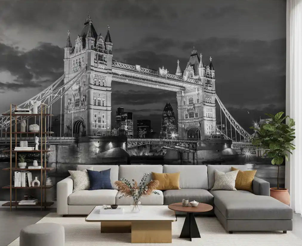 Tower Bridge Glow wall mural anchors a calm living room with monochrome drama