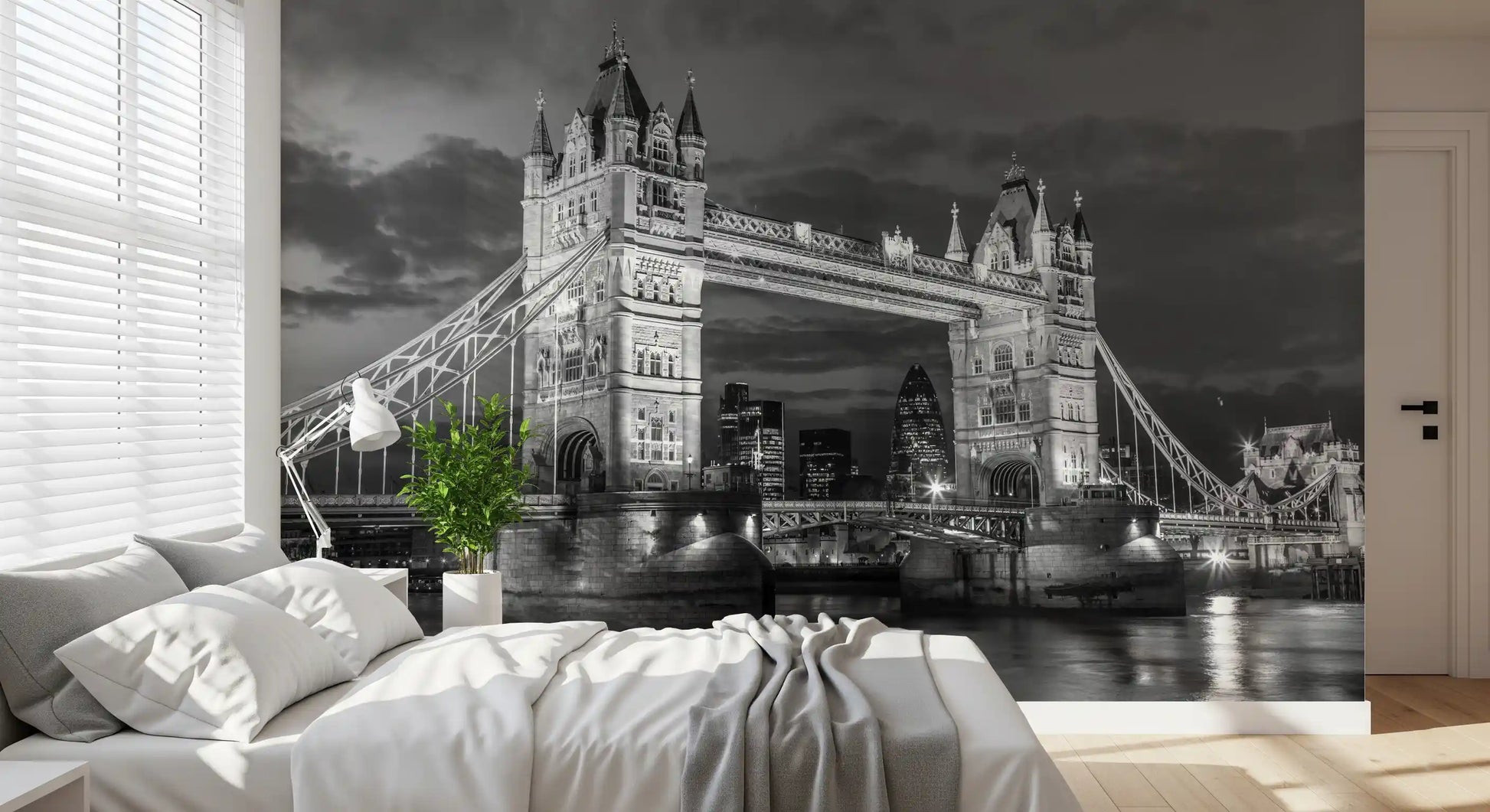 Black-and-white river view frames a Bedroom as a striking wall mural