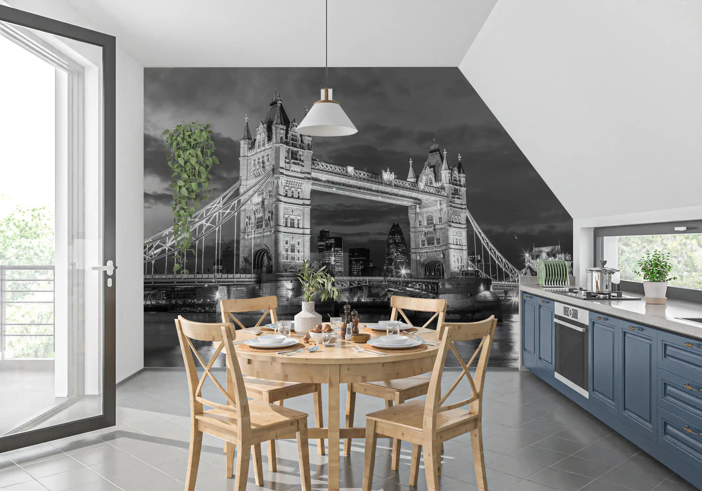 Monochrome London Tower Bridge wall mural glowing over the Thames at dusk