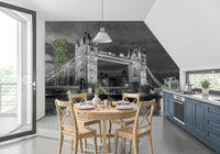Monochrome London Tower Bridge wall mural glowing over the Thames at dusk