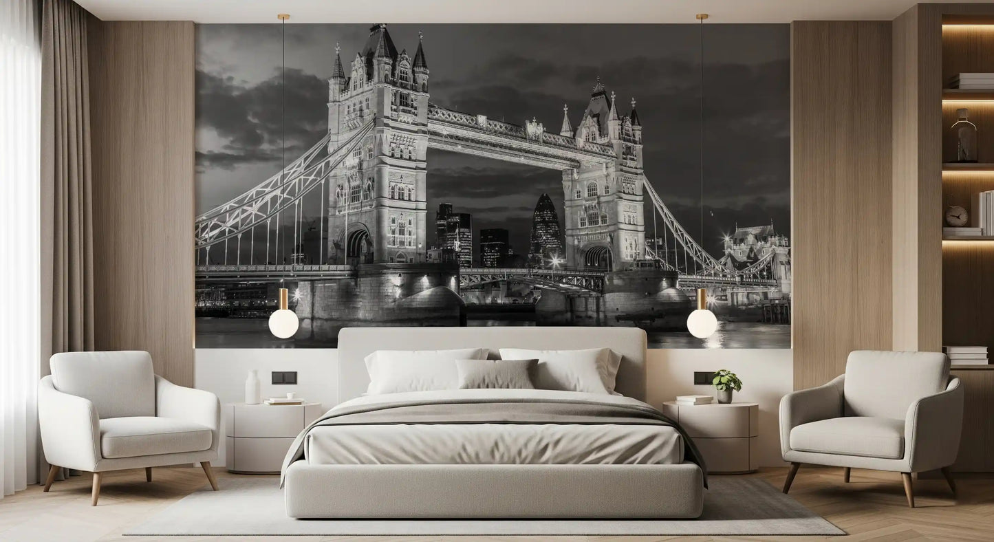 Set behind a relaxed Bedroom, this monochrome Tower Bridge wall mural draws the eye
