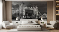 Set behind a relaxed Bedroom, this monochrome Tower Bridge wall mural draws the eye