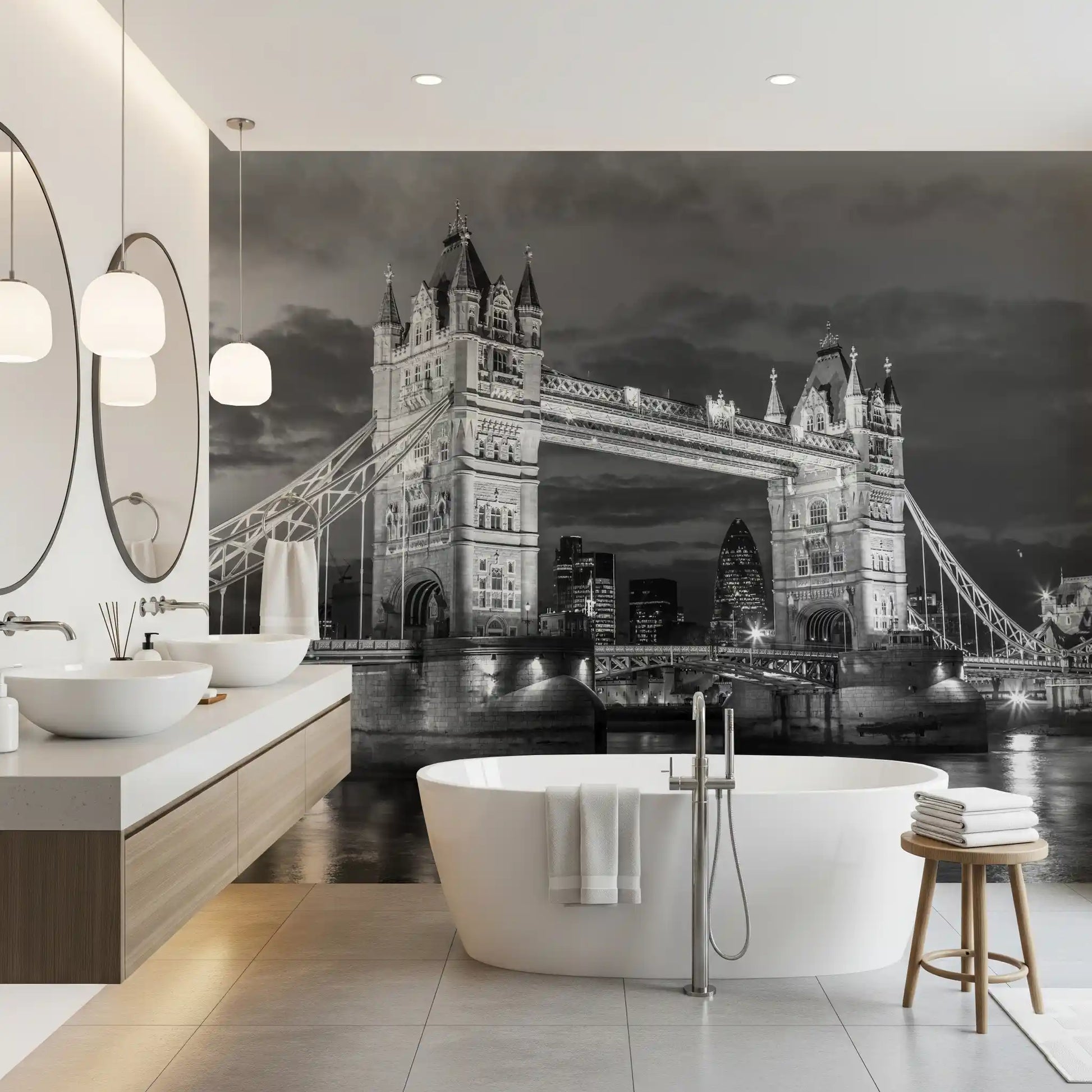 Shimmering water reflections run beneath this monochrome London wall mural