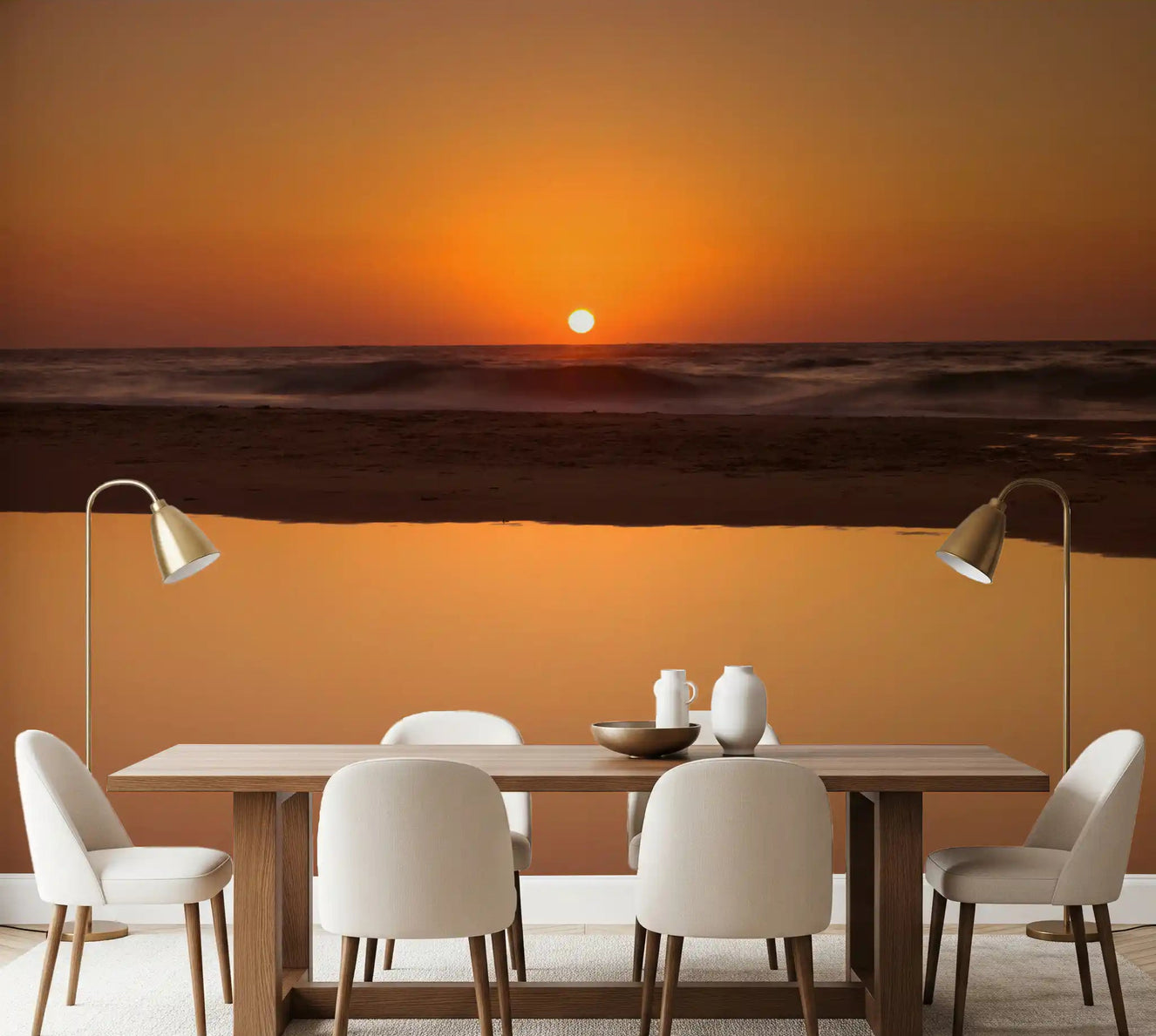 Dining room glowing under the warm Golden Ocean Horizon wall mural sunset.