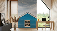 Add seaside calm to a Home ofifce work area with the Blue Beach Hut Coastal Charm wall mural