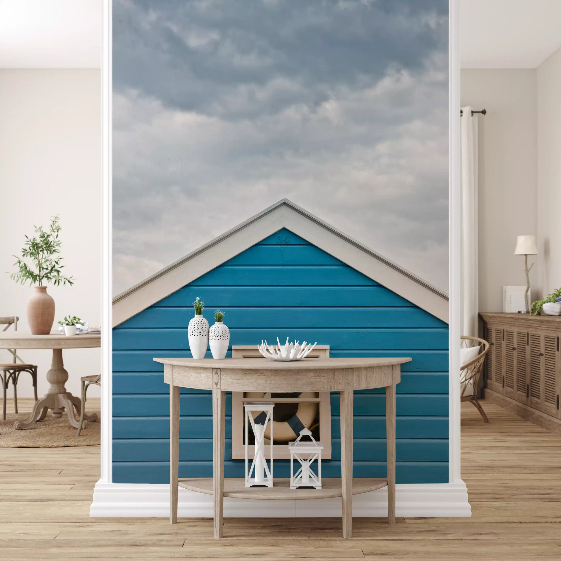 Painted timber gable scene lifts a Hallway as a Coastal Charm wall mural