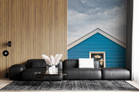 Crisp roofline trim defines the Blue Beach Hut Coastal Charm wall mural