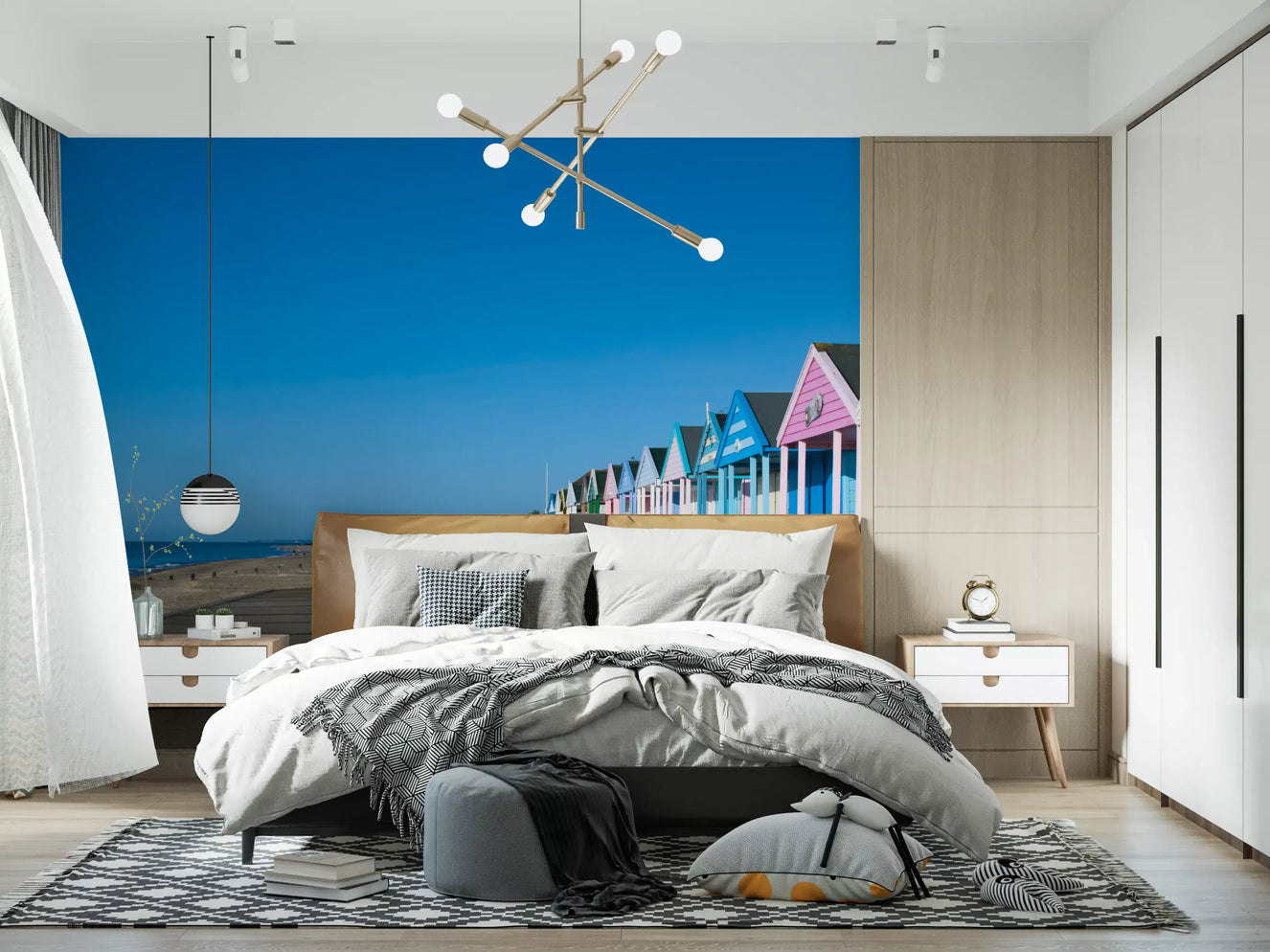 Calm seaside mood relaxes a bedroom with the Colorful Beach Hut wall mural