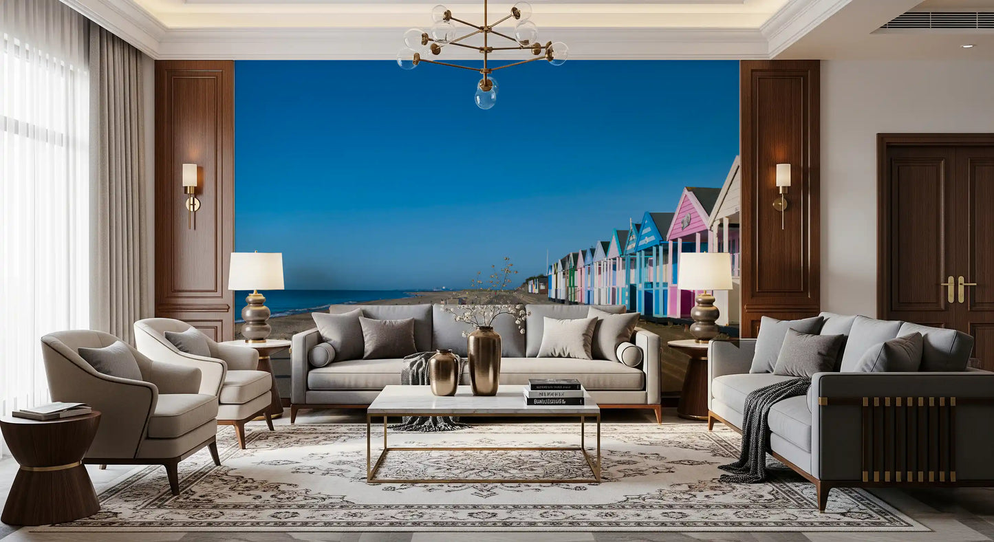 Open up a lounge with the Colorful Beach Hut Serenity wall mural