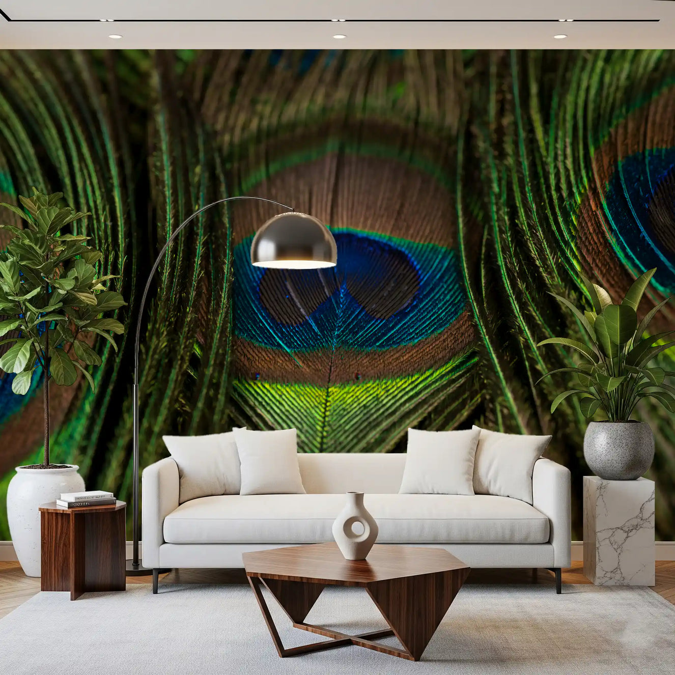 Living room anchored by Peacock's Iridescent Plumes wall mural in blue and green