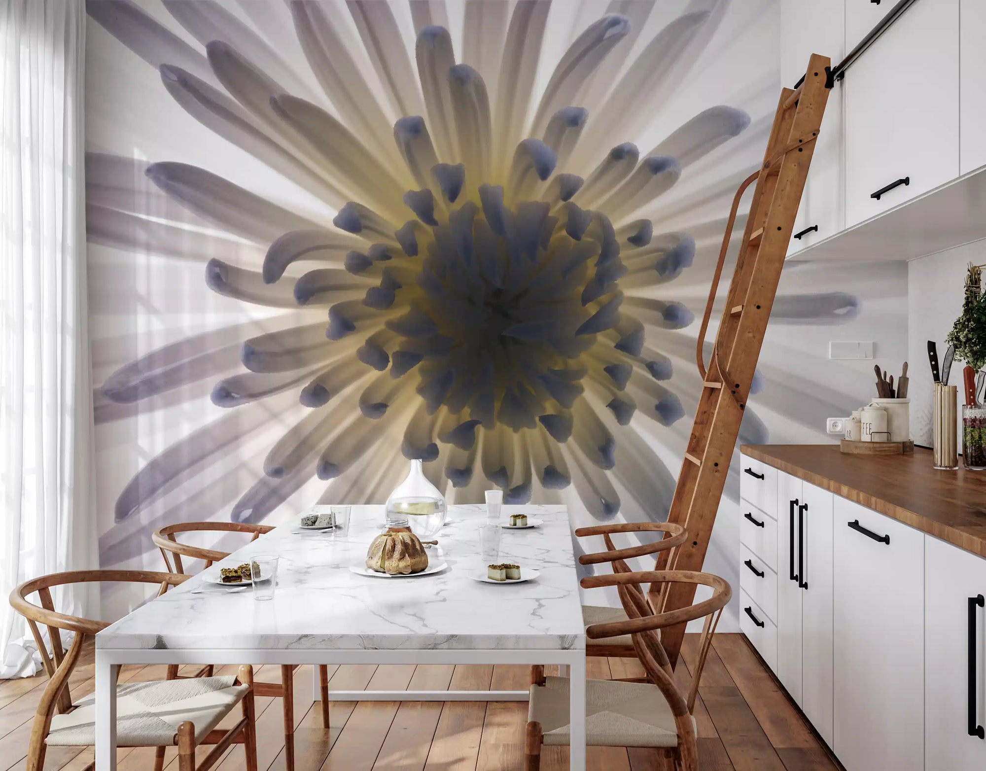 Luminous Petals wall mural gives a dining room a calm, glowing focal point