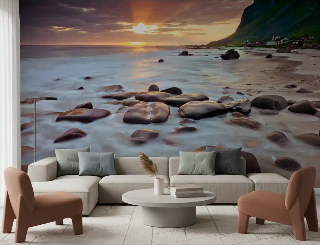 A living room glows under the Coastal Sunset Serenity wall mural's warm light