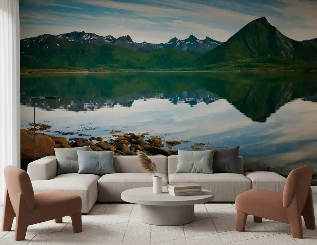 Emerald Peaks Mirror Waters wall mural sets a calm mood in a bright living room.