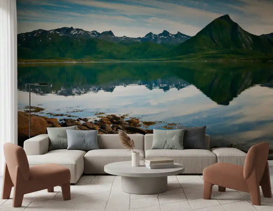Emerald Peaks Mirror Waters wall mural sets a calm mood in a bright living room.