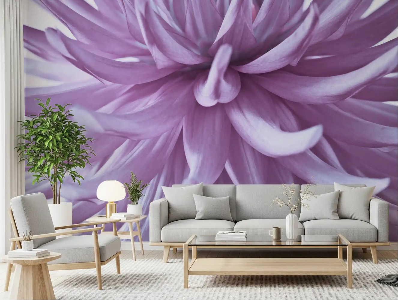 Living room centred on a Luminous Lilac Bloom wall mural in pale purple