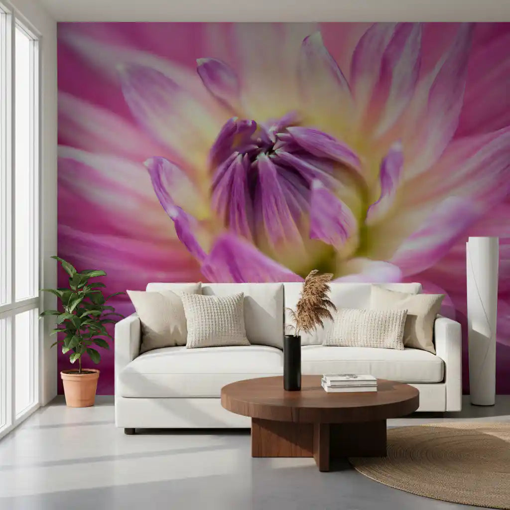 Living room styled around a pink dahlia blossom wall mural and its open bloom.