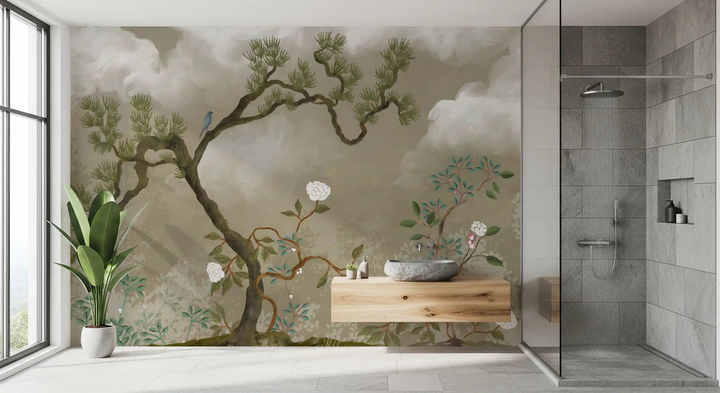 Ruhiges Chinoiserie Wandbild mit Kiefern- und Weißblüten-Garten