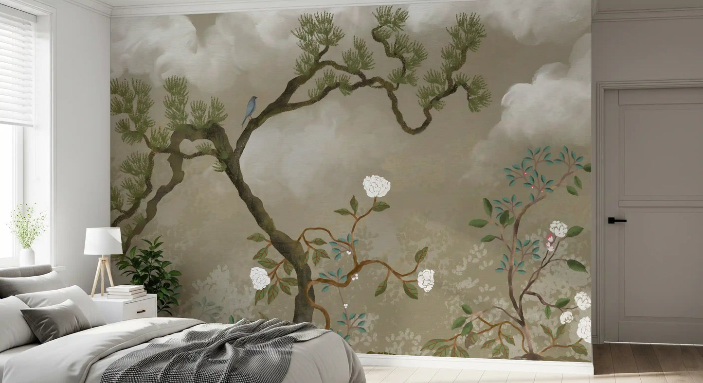 Ruhiges Chinoiserie Wandbild mit Kiefern- und Weißblüten-Garten