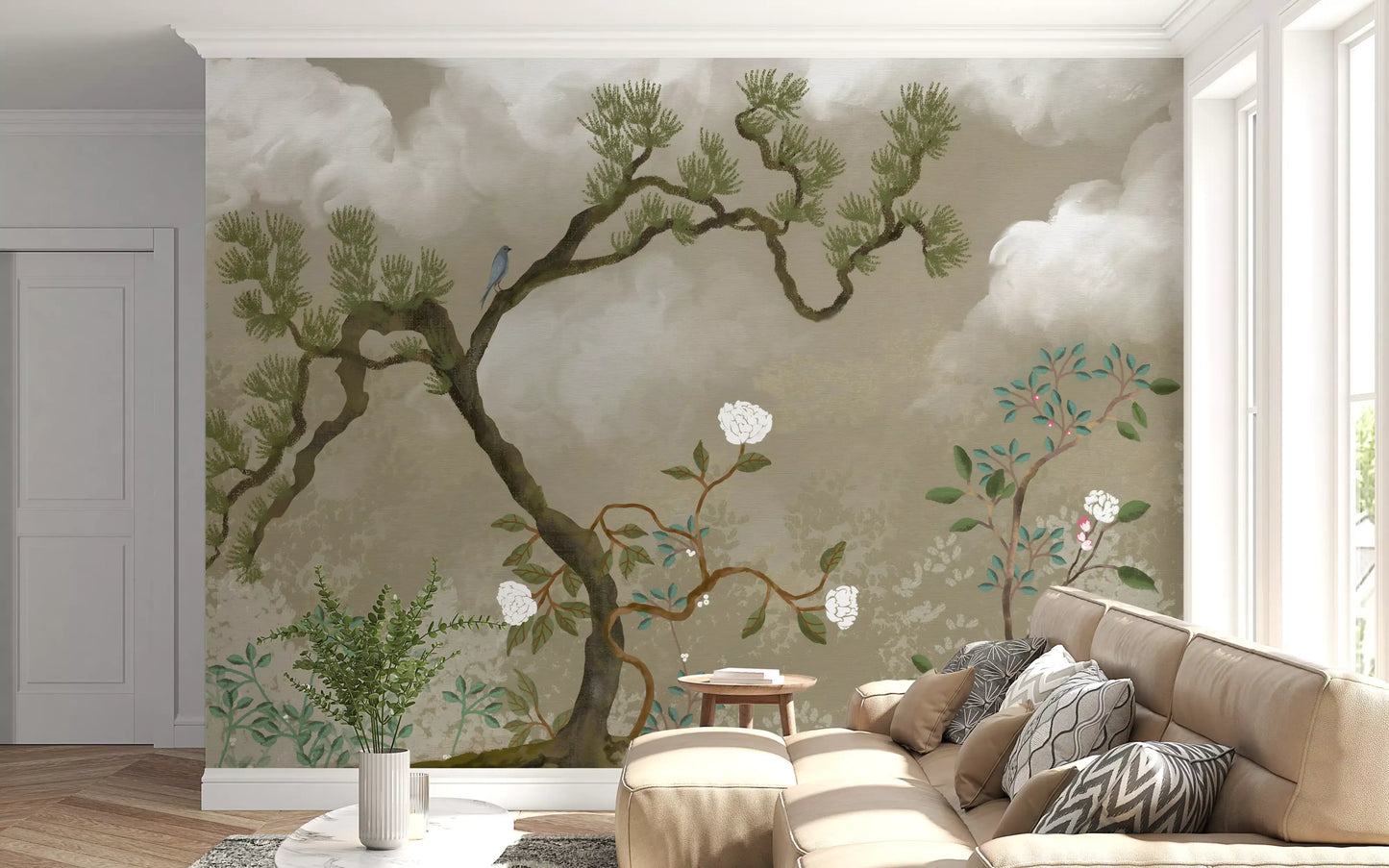 Ruhiges Chinoiserie Wandbild mit Kiefern- und Weißblüten-Garten