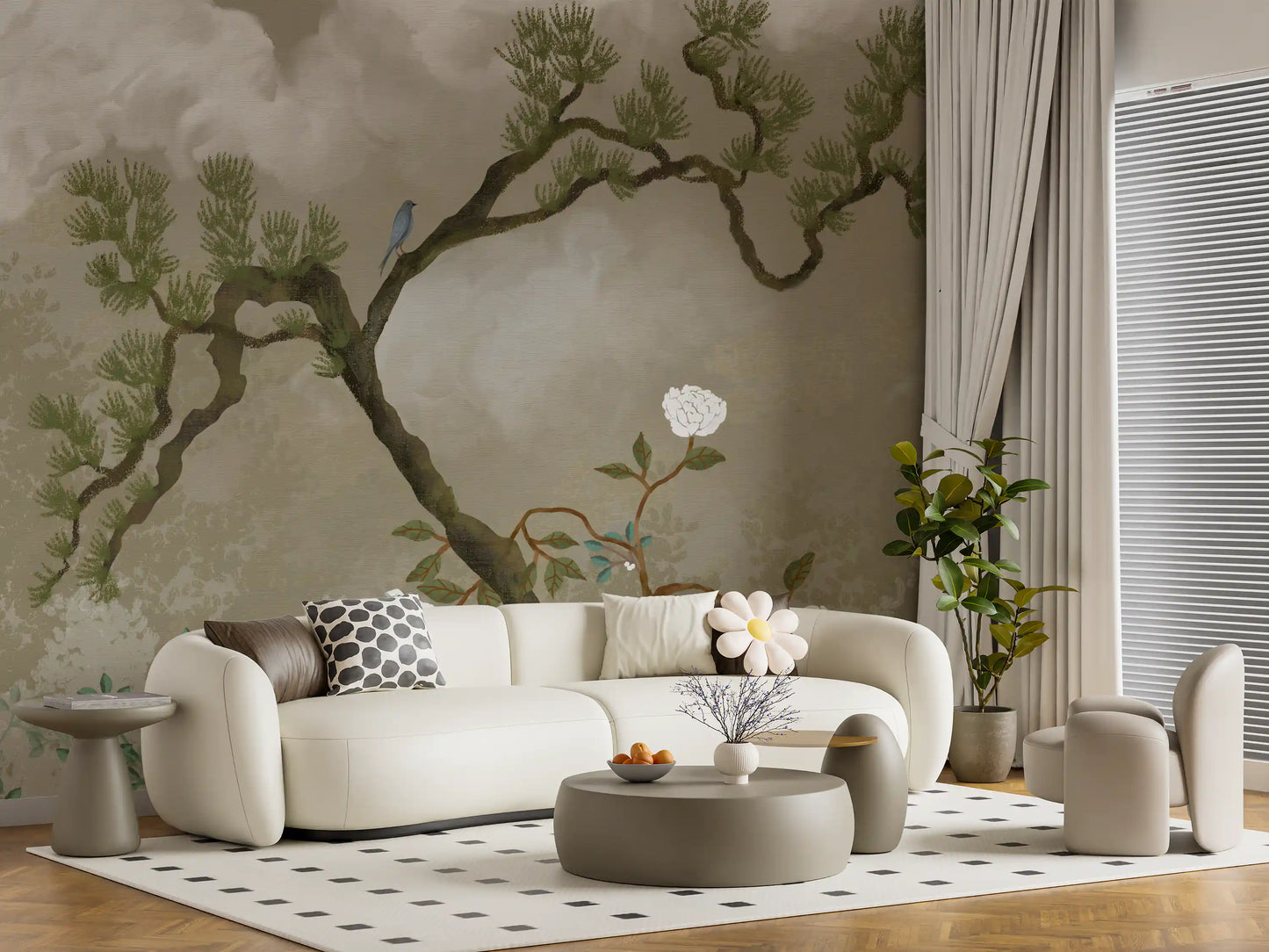 Ruhiges Chinoiserie Wandbild mit Kiefern- und Weißblüten-Garten