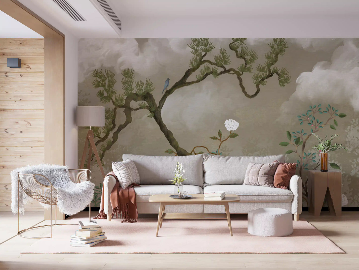 Ruhiges Chinoiserie Wandbild mit Kiefern- und Weißblüten-Garten