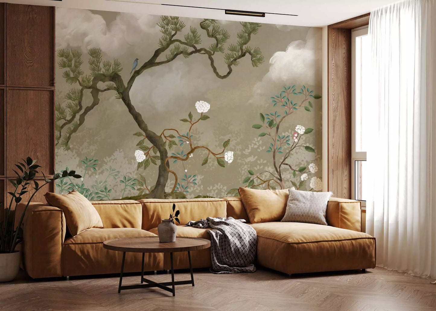 Ruhiges Chinoiserie Wandbild mit Kiefern- und Weißblüten-Garten