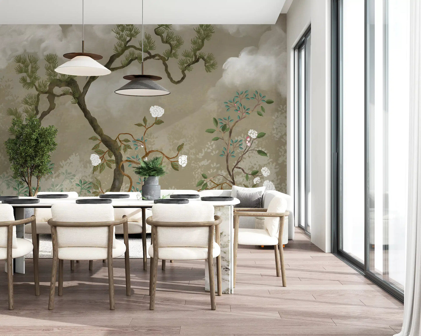 Ruhiges Chinoiserie Wandbild mit Kiefern- und Weißblüten-Garten