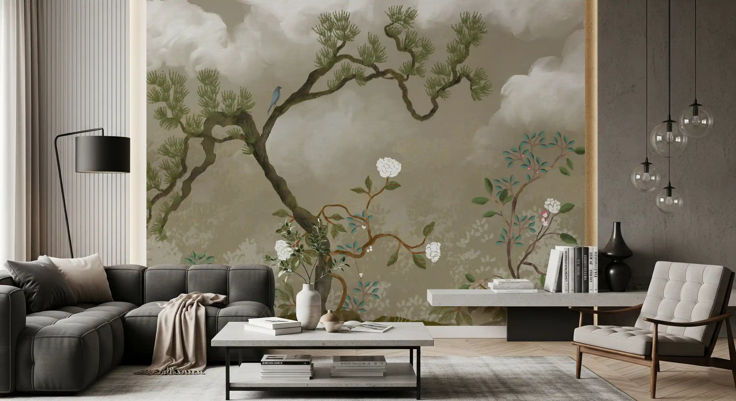 Ruhiges Chinoiserie Wandbild mit Kiefern- und Weißblüten-Garten