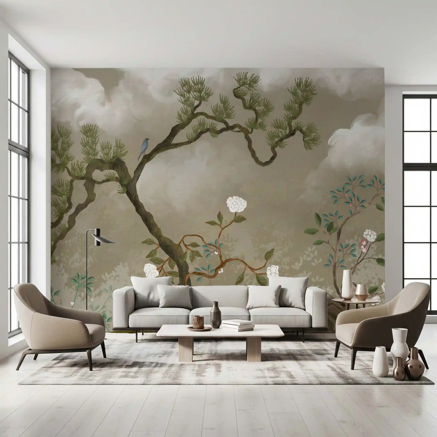 Ruhiges Chinoiserie Wandbild mit Kiefern- und Weißblüten-Garten