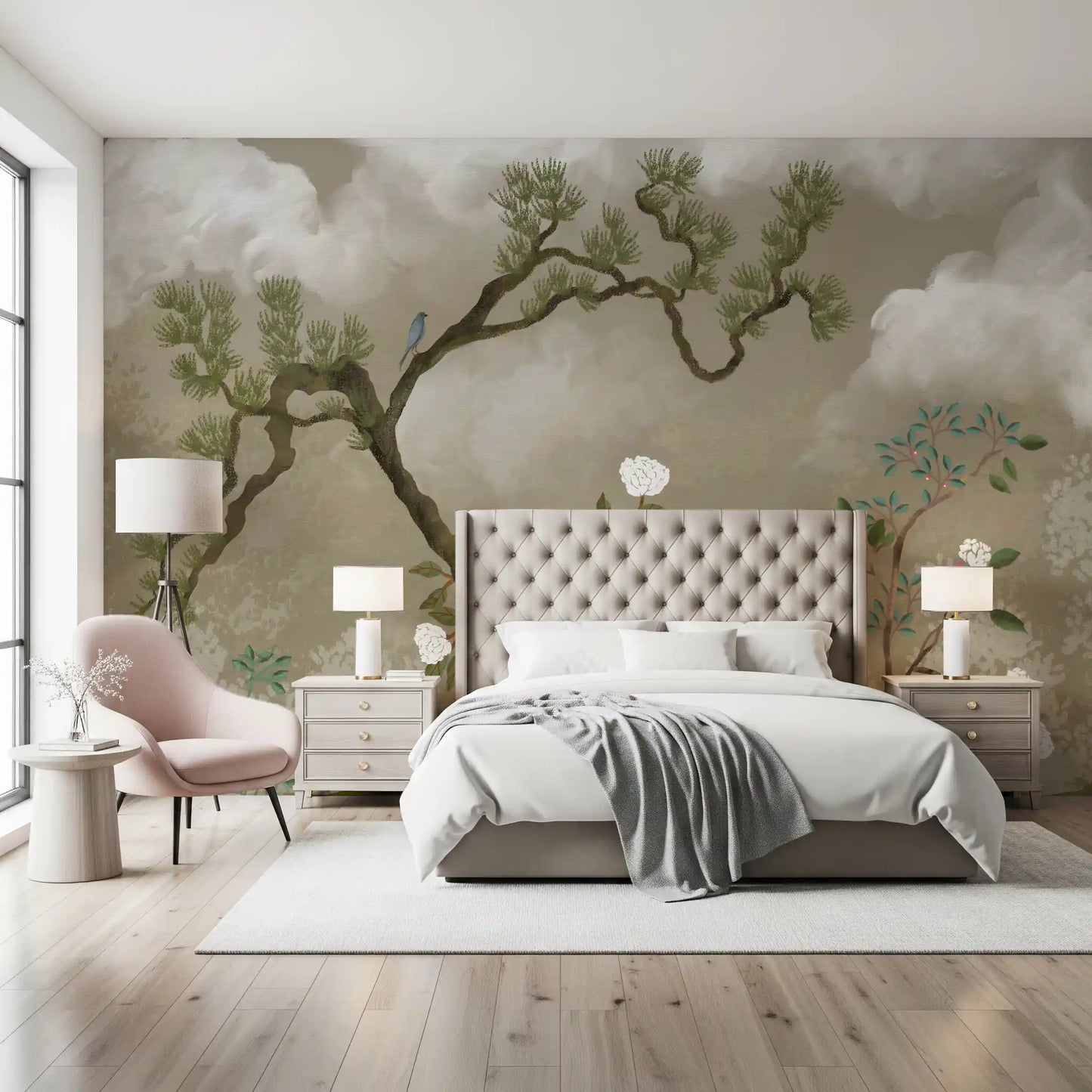 Ruhiges Chinoiserie Wandbild mit Kiefern- und Weißblüten-Garten