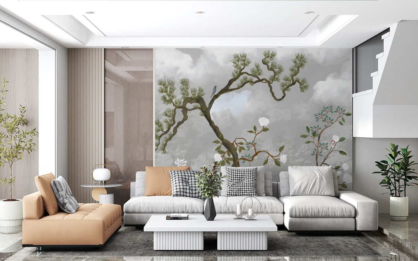 Misty Garden Bloom Chinoiserie fyrretræ hvide blomster vægmaleri