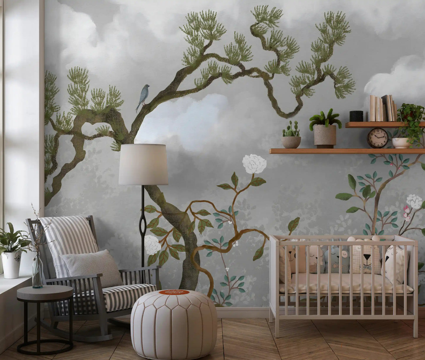 Misty Garden Bloom Chinoiserie fyrretræ hvide blomster vægmaleri