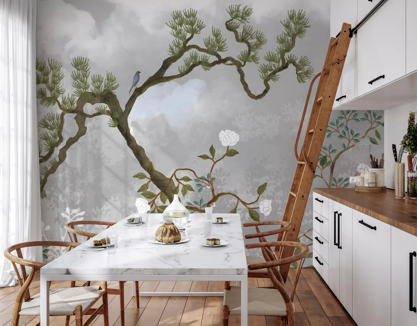 Misty Garden Bloom Chinoiserie fyrretræ hvide blomster vægmaleri