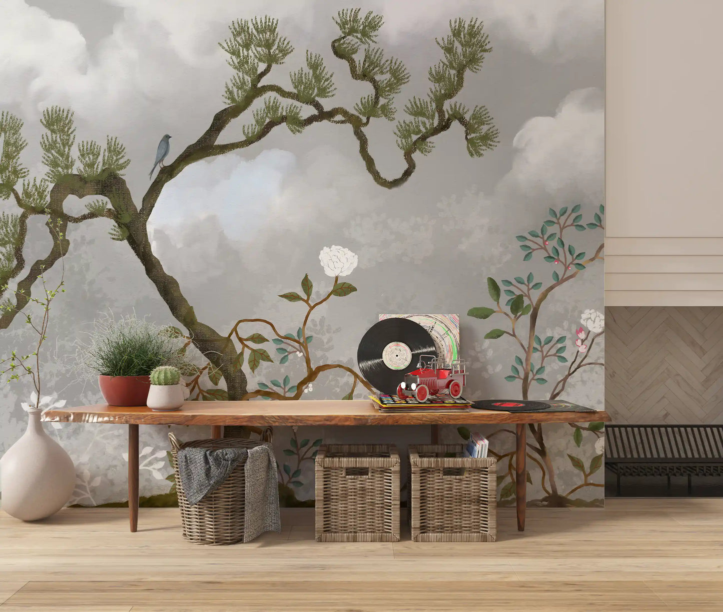 Misty Garden Bloom Chinoiserie fyrretræ hvide blomster vægmaleri