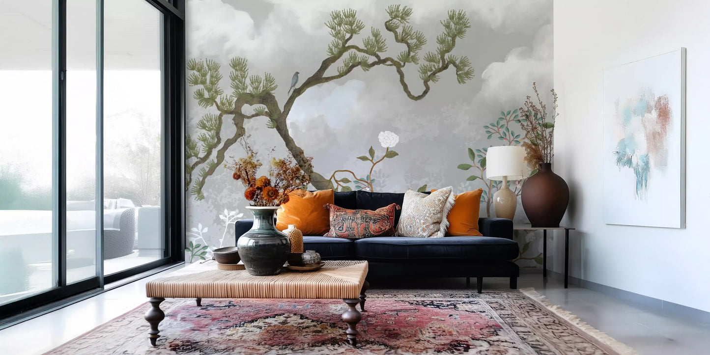 Misty Garden Bloom Chinoiserie fyrretræ hvide blomster vægmaleri