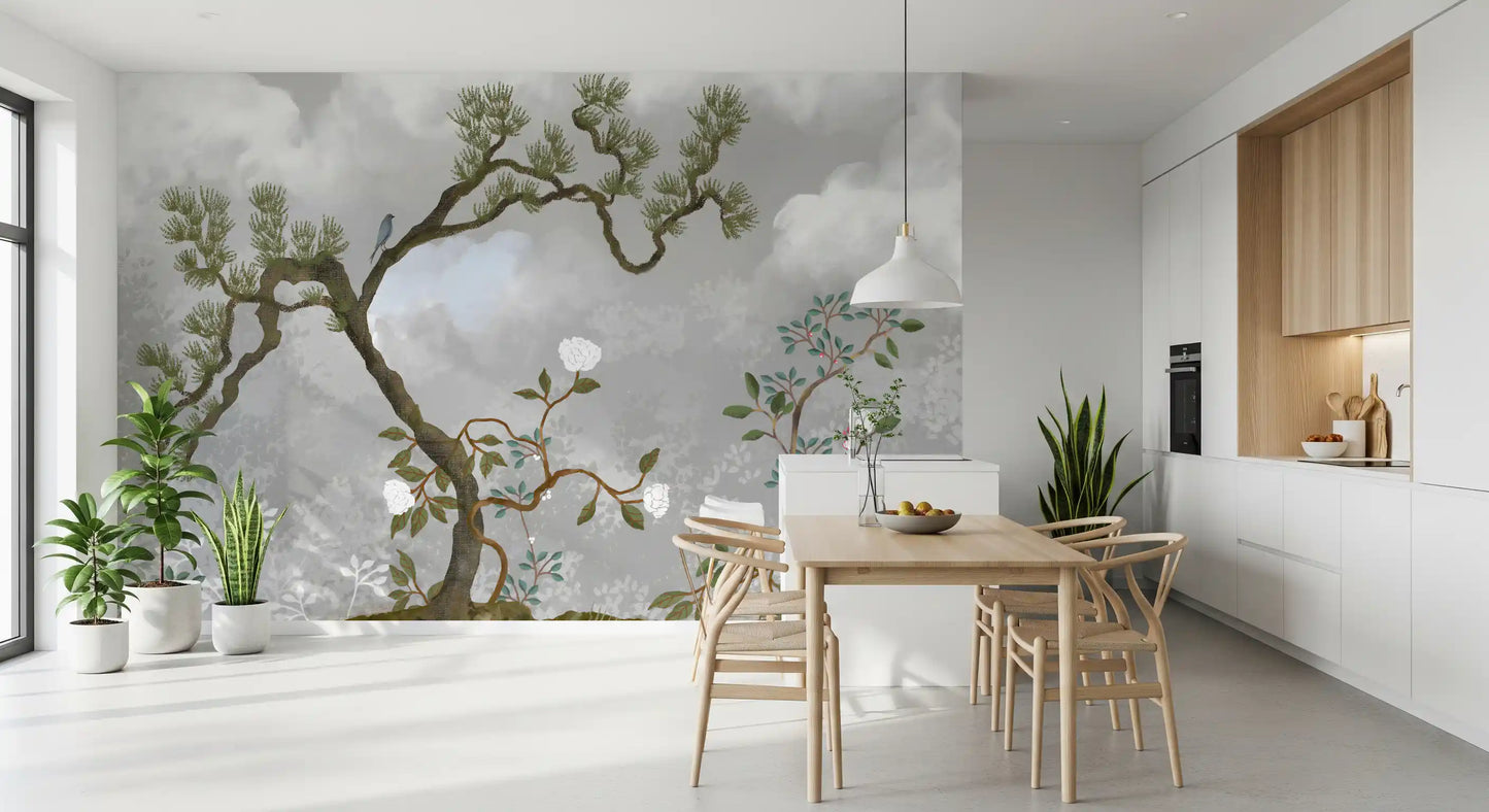 Misty Garden Bloom Chinoiserie fyrretræ hvide blomster vægmaleri