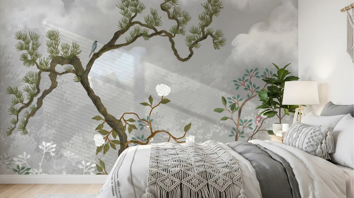 Misty Garden Bloom Chinoiserie fyrretræ hvide blomster vægmaleri
