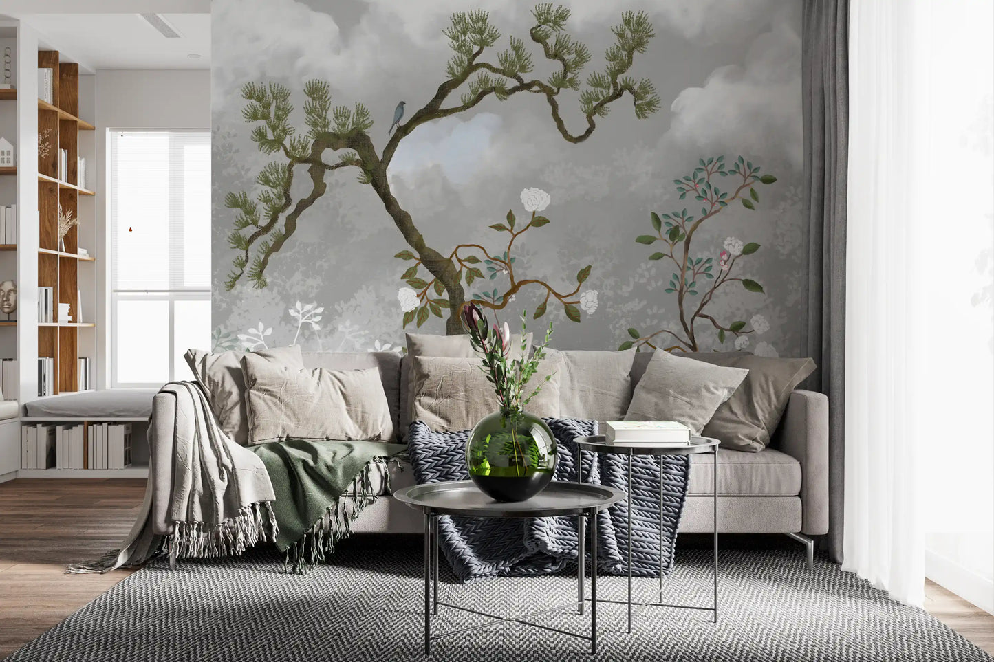 Misty Garden Bloom Chinoiserie fyrretræ hvide blomster vægmaleri