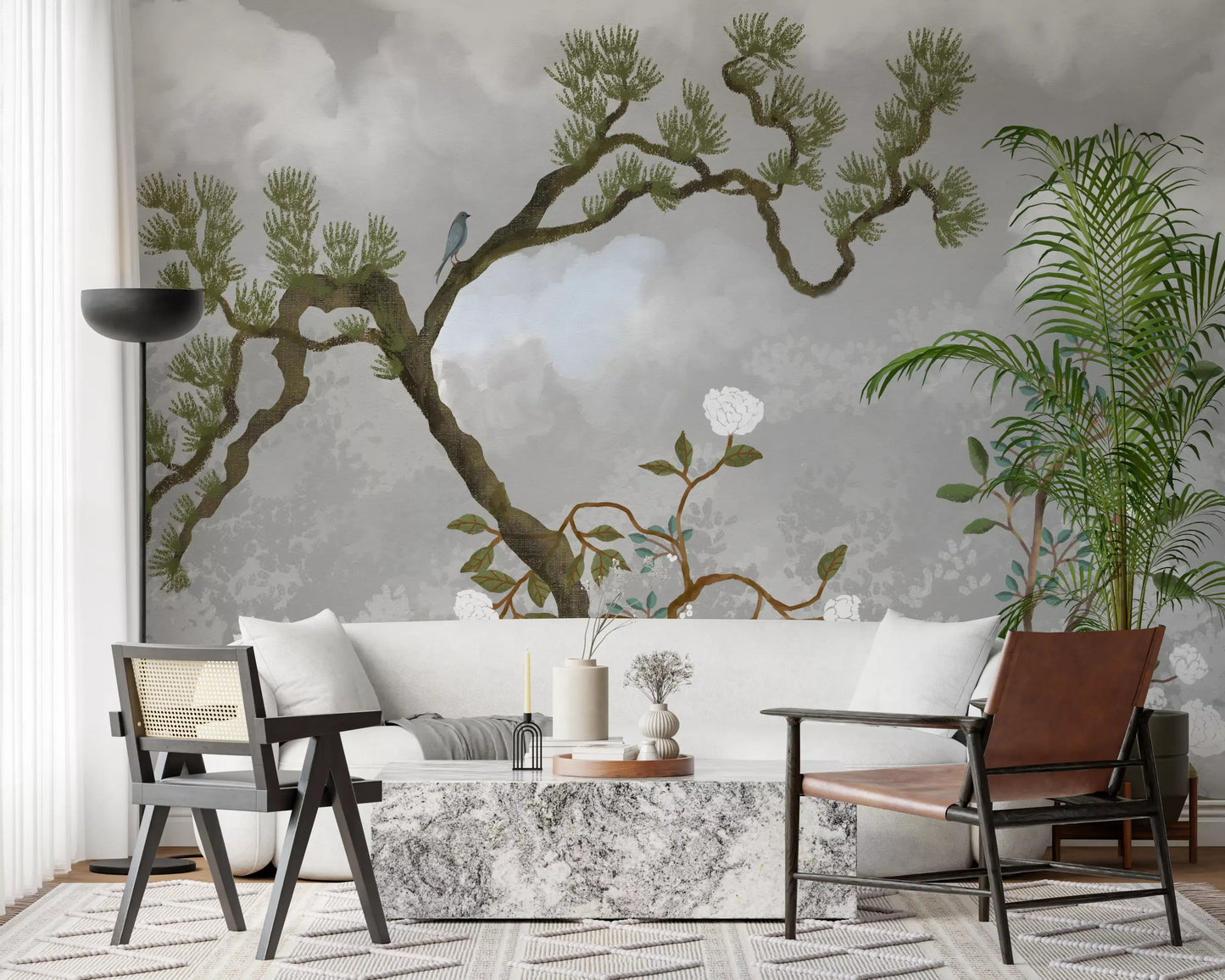 Misty Garden Bloom Chinoiserie fyrretræ hvide blomster vægmaleri