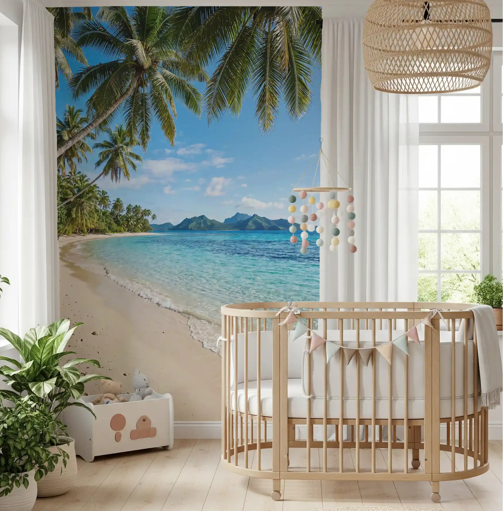Tropical Beachside Serenity wall mural opens a coastal view in a calm nursery