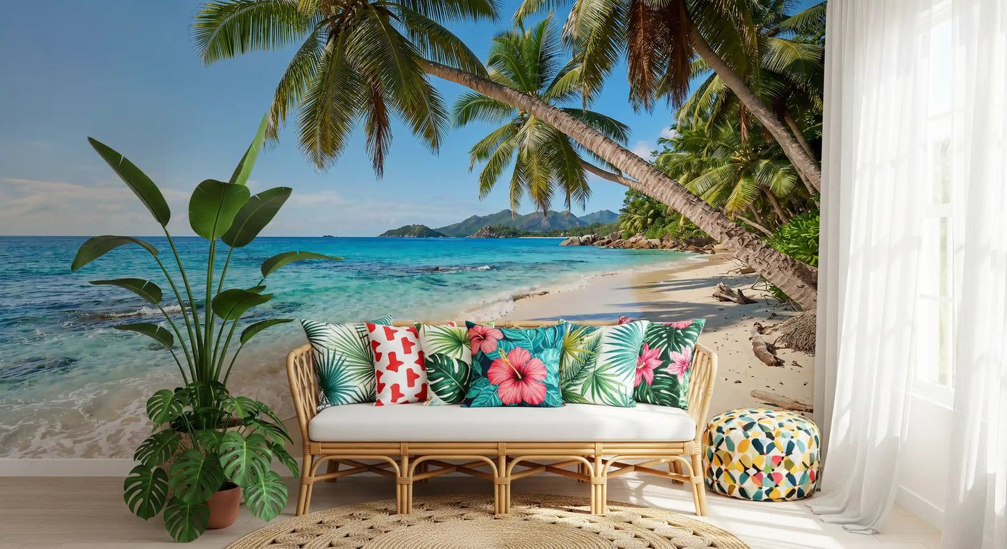 A blue sky stretches above a low green headland in this Tropical Beach wall mural