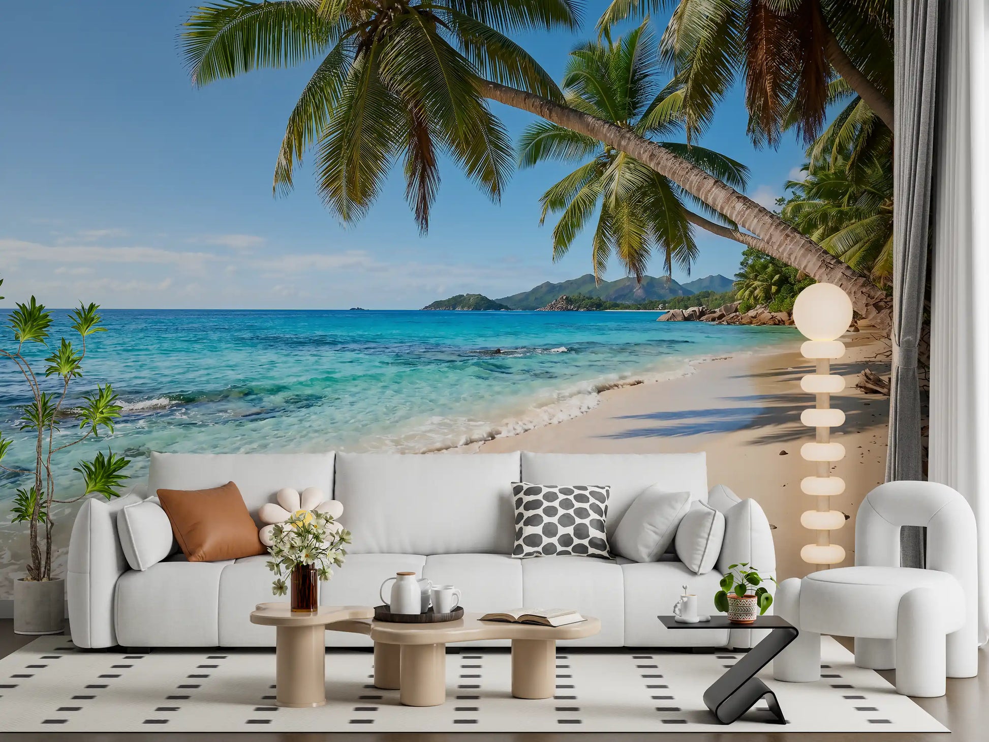 Lounge takes on a sunlit coastal panorama from the Beach Paradise wall mural backdrop