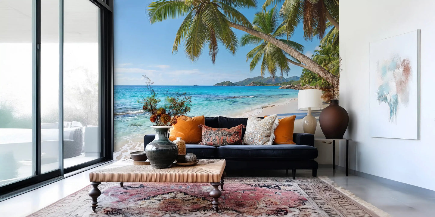 Clear turquoise water reaches a pale shoreline along this Beach Paradise wall mural