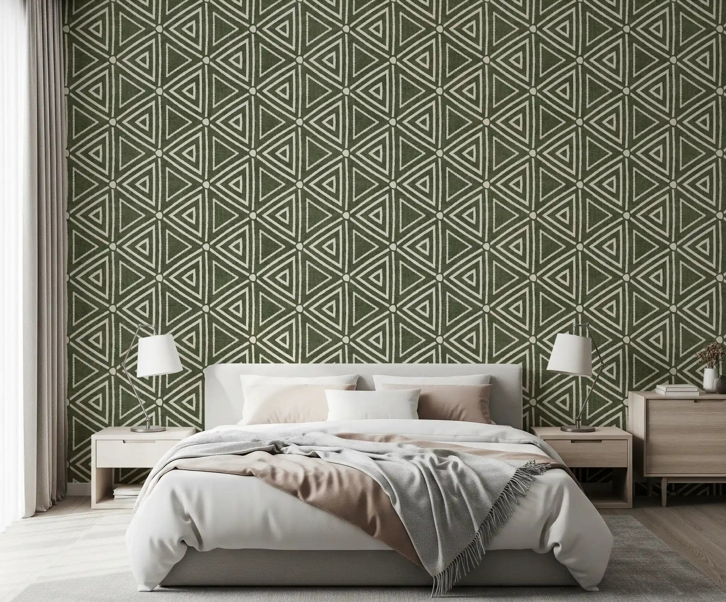 Textured Mudcloth Geometric Triangles Boho Moss Green Wallpaper⁠